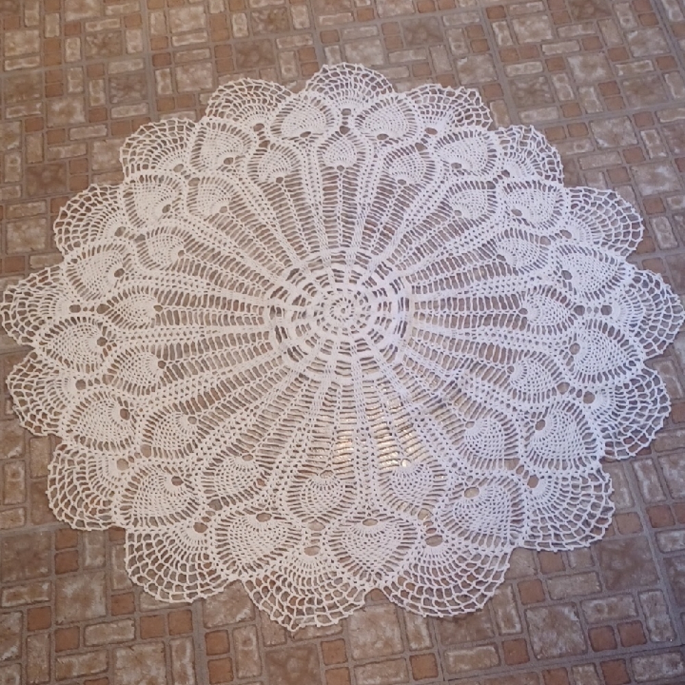 Hand Crafted White Crochet Doily, Tablecloth 42 Inches 100 Percent Cotton White